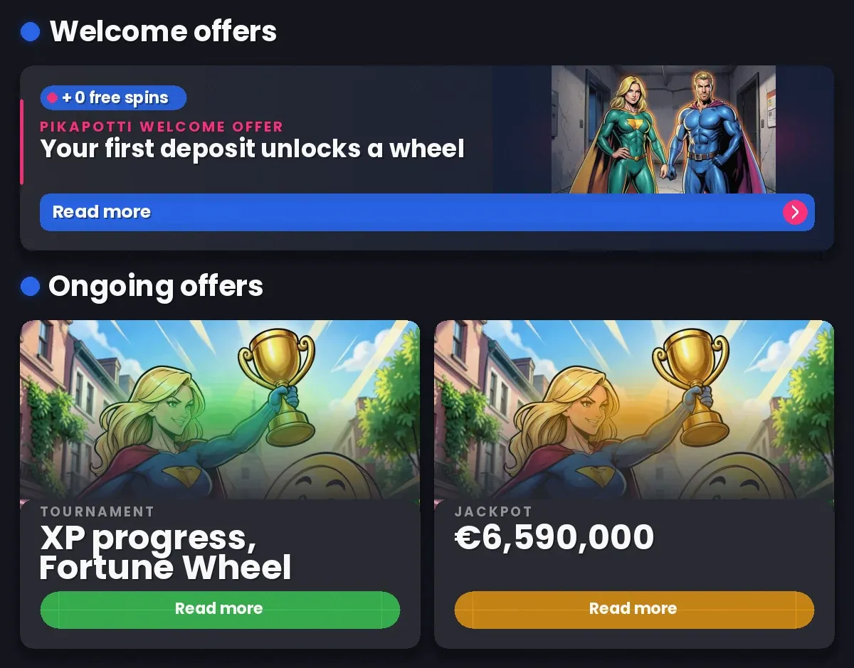 Pikapotti Casino: Your first deposit unlocks a wheel, XP progress, Fortune Wheel, €6,590,000